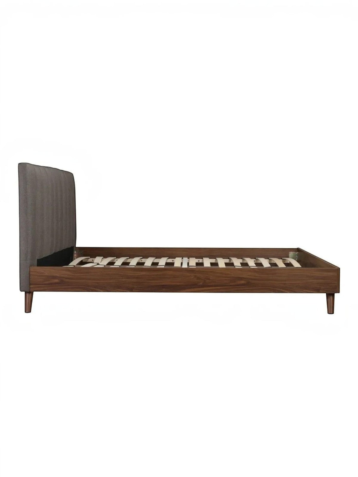 Lit double Atlas TOCO Meubles en tissu gris capitonné et bois imitation noyer, style Mid-Century Modern.