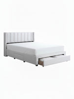 Lit double TOCO Meubles Zoey beige avec tête de lit capitonnée verticale et tiroirs de rangement intégrés