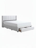 Lit double TOCO Meubles Zoey beige avec tête de lit capitonnée verticale et tiroirs de rangement intégrés