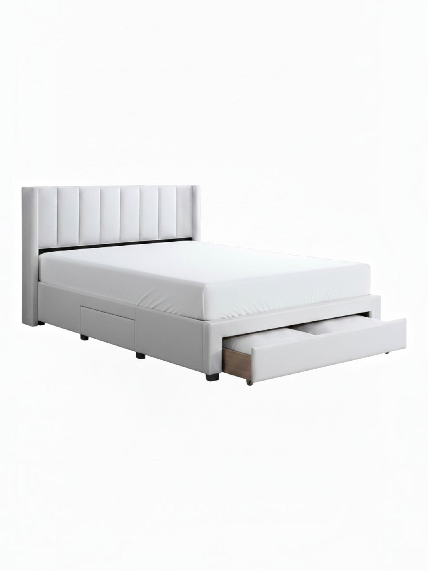 Lit double TOCO Meubles Zoey beige avec tête de lit capitonnée verticale et tiroirs de rangement intégrés