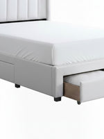 Lit double TOCO Meubles Zoey beige avec tête de lit capitonnée verticale et tiroir de rangement intégré