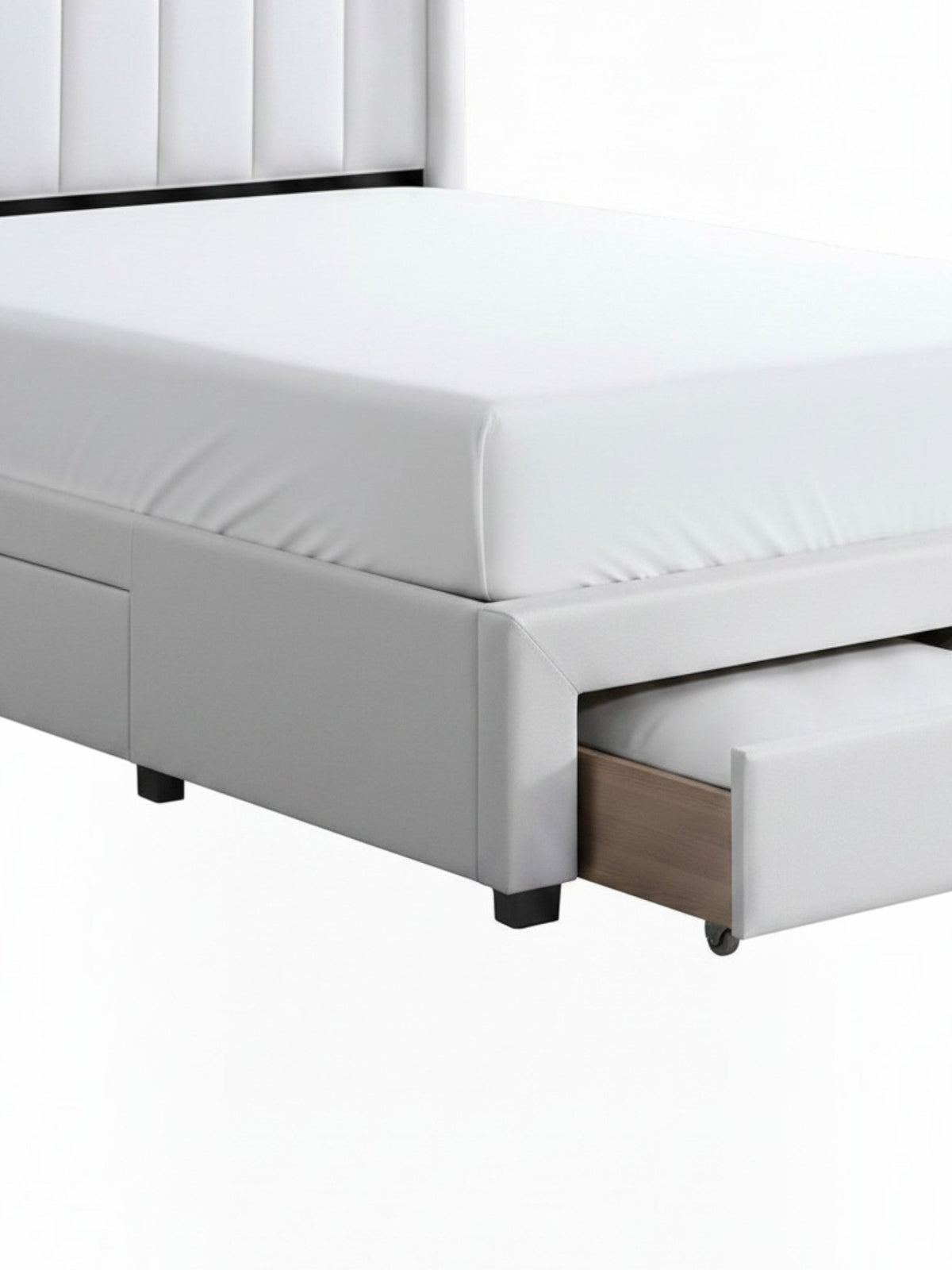 Lit double TOCO Meubles Zoey beige avec tête de lit capitonnée verticale et tiroir de rangement intégré