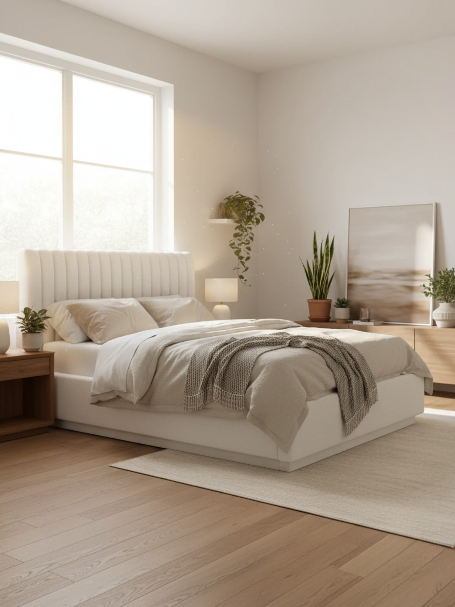 Lit double plateforme TOCO Meubles Emilio en tissu blanc avec tête de lit capitonnée verticale dans une chambre