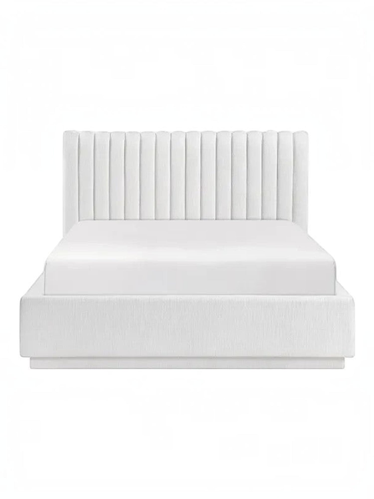 Lit double plateforme TOCO Meubles Emilio blanc avec tête de lit capitonnée verticalement et revêtement texturé