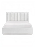 Lit double plateforme TOCO Meubles Emilio blanc avec tête de lit capitonnée verticalement et revêtement texturé