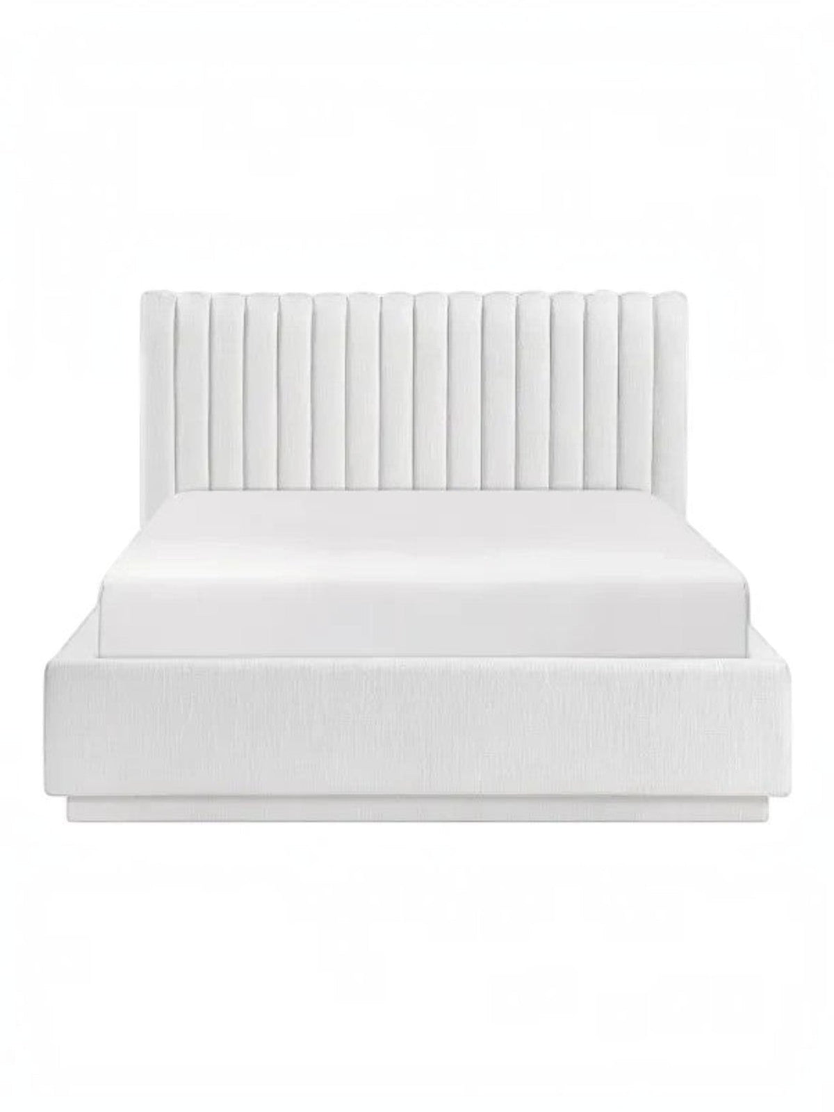 Lit double plateforme TOCO Meubles Emilio blanc avec tête de lit capitonnée verticalement et revêtement texturé