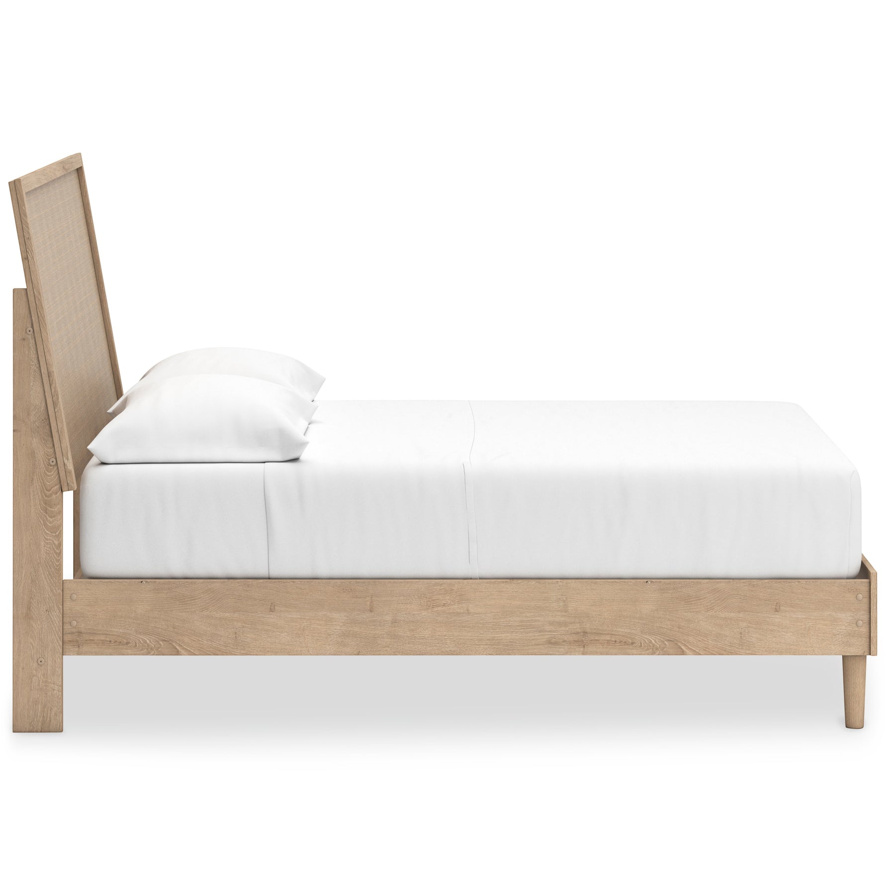 TOCO Meubles Lit Olive double en bois clair avec tête de lit en cannage texturé beige. Design contemporain.
