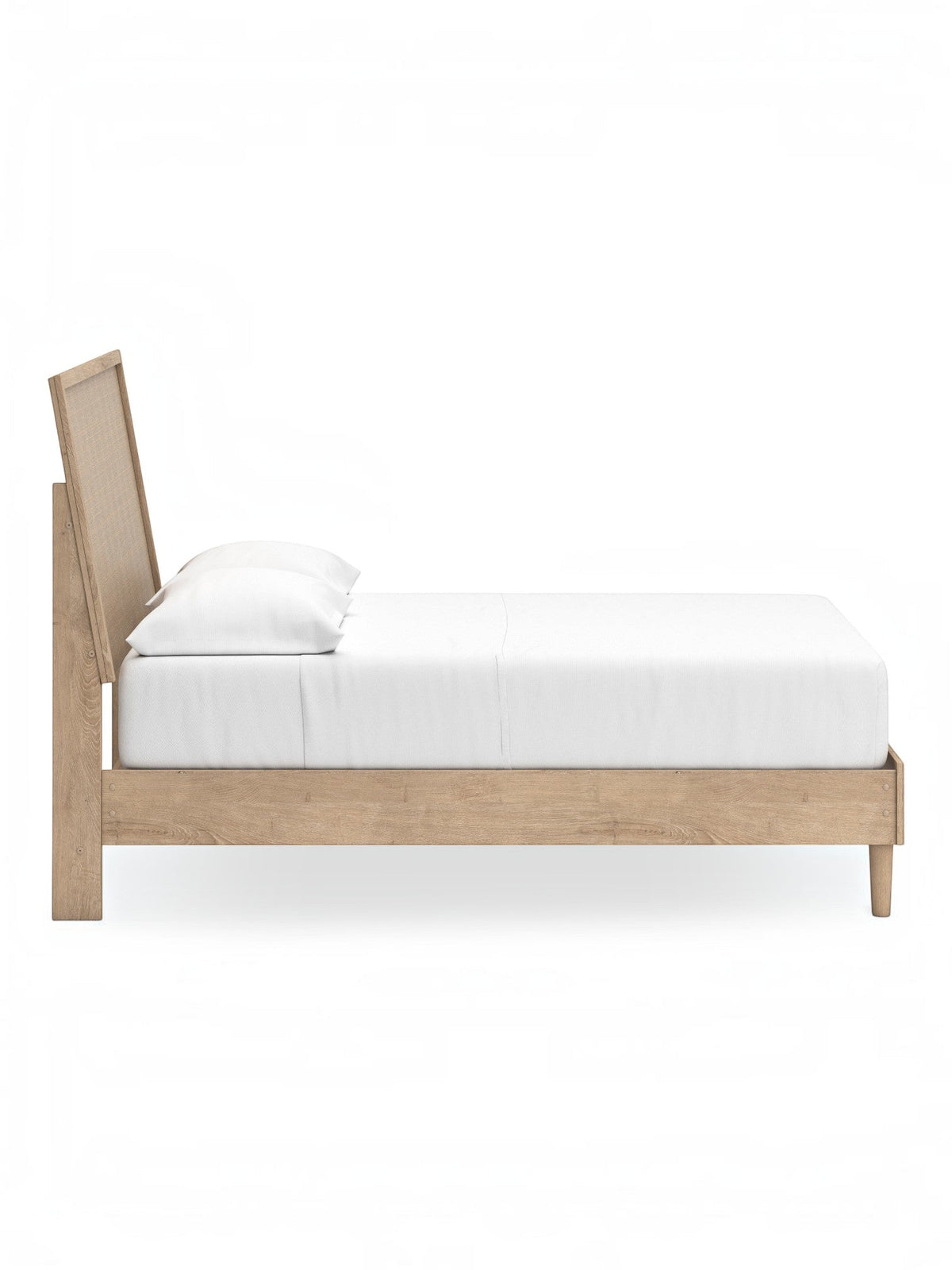 TOCO Meubles Lit Olive double en bois clair avec tête de lit en cannage texturé beige. Design contemporain.