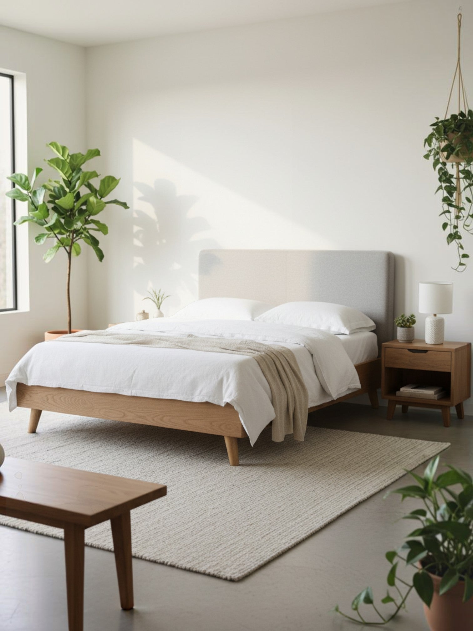 Lit double Nova TOCO Meubles plateforme en bois brun avec tête de lit rembourrée en tissu gris dans une chambre