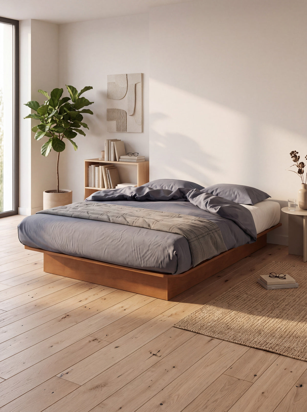 Lit double Écono TOCO Meubles avec base en bois naturel, literie grise et design minimaliste dans une chambre lumineuse