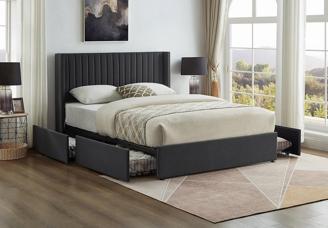 Lit double Elena TOCO Meubles en velours gris avec tête de lit capitonnée et rangements intégrés.