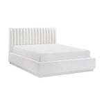 Lit double Emilio blanc TOCO Meubles avec tête de lit capitonnée verticale et revêtement texturé.