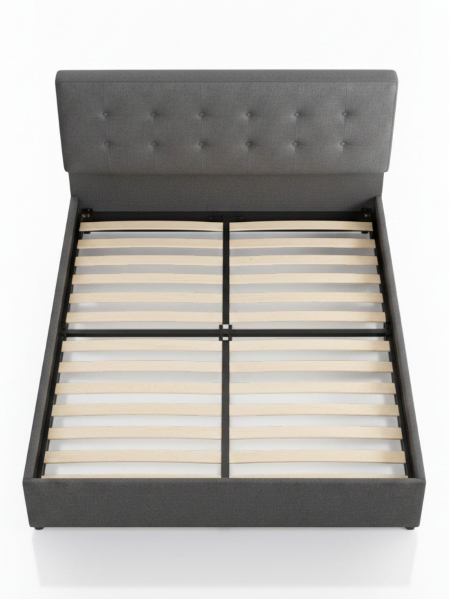 Lit double TOCO Meubles Bianca gris avec tête de lit capitonnée et sommier à lattes sur fond blanc