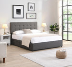 Lit double gris foncé TOCO Meubles avec tête de lit capitonnée et 4 tiroirs de rangement intégrés, revêtement en tissu.