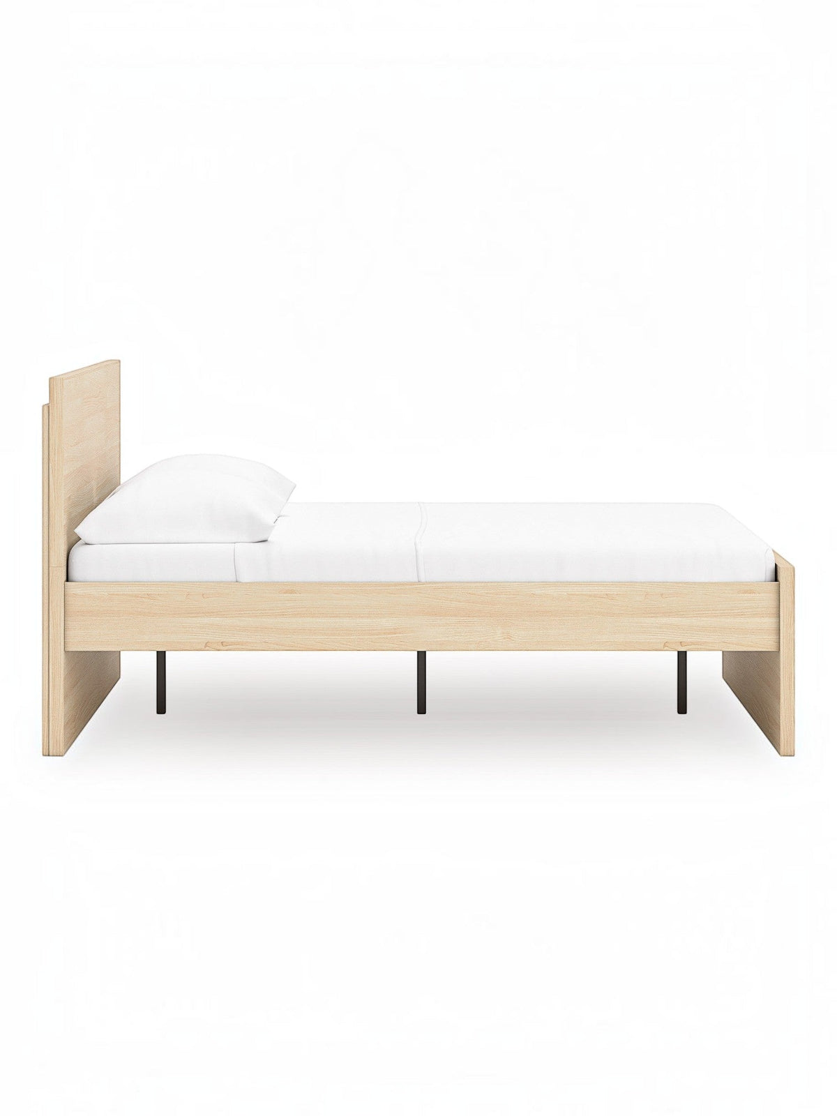Lit double Hazel en bois clair avec tête de lit minimaliste et pieds noirs par TOCO Meubles. Design plateforme moderne.