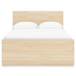Lit double plateforme TOCO Meubles Hazel en bois clair, design minimaliste avec tête de lit rectangulaire et deux oreillers blancs.