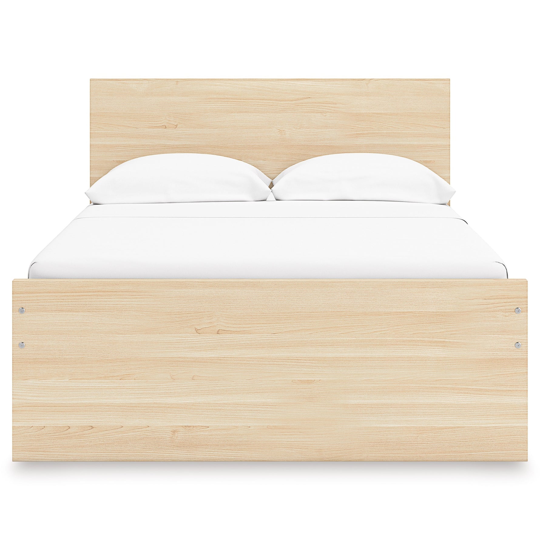 Lit double plateforme TOCO Meubles Hazel en bois clair, design minimaliste avec tête de lit rectangulaire et deux oreillers blancs.