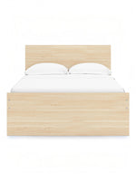 Lit double plateforme TOCO Meubles Hazel en bois clair, design minimaliste avec tête de lit rectangulaire et deux oreillers blancs.