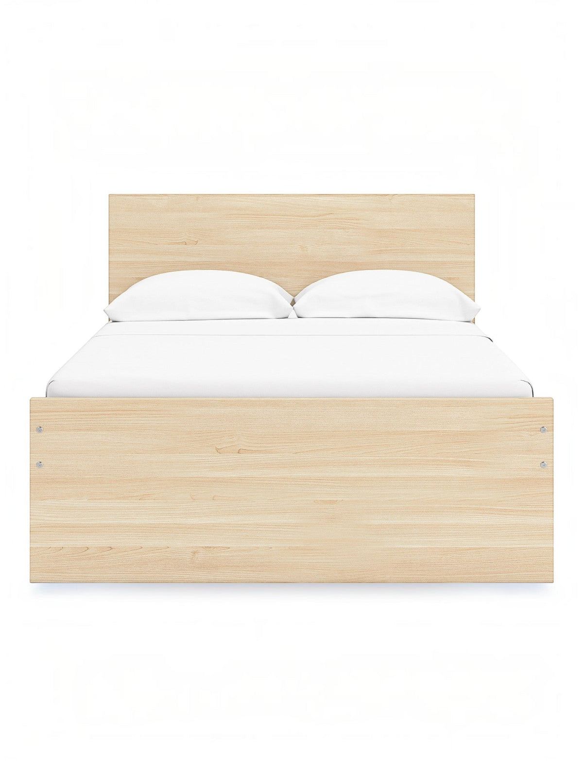Lit double plateforme TOCO Meubles Hazel en bois clair, design minimaliste avec tête de lit rectangulaire et deux oreillers blancs.