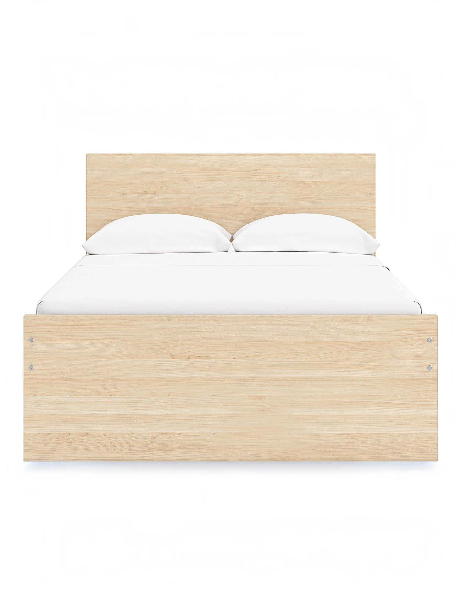 Lit double plateforme TOCO Meubles Hazel en bois clair, design minimaliste avec tête de lit rectangulaire et deux oreillers blancs.