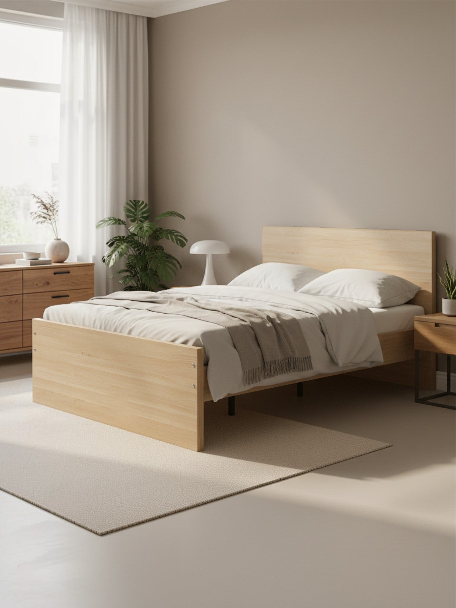 Lit double Hazel TOCO Meubles en bois clair au design plateforme minimaliste dans une chambre moderne et chaleureuse