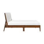 Lit double Henri TOCO Meubles en bois châtaigne avec tête de lit rembourrée en tissu chenille gris pâle, style Mid-Century Modern.