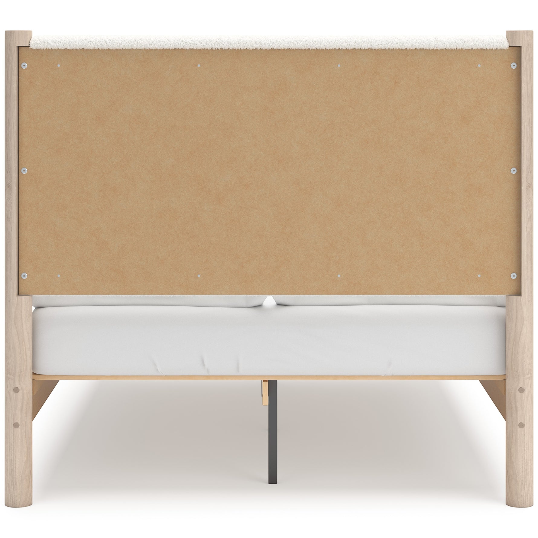 Lit double Margot TOCO Meubles en bois clair avec tête de lit rembourrée blanche texturée et panneau central en bois brut.