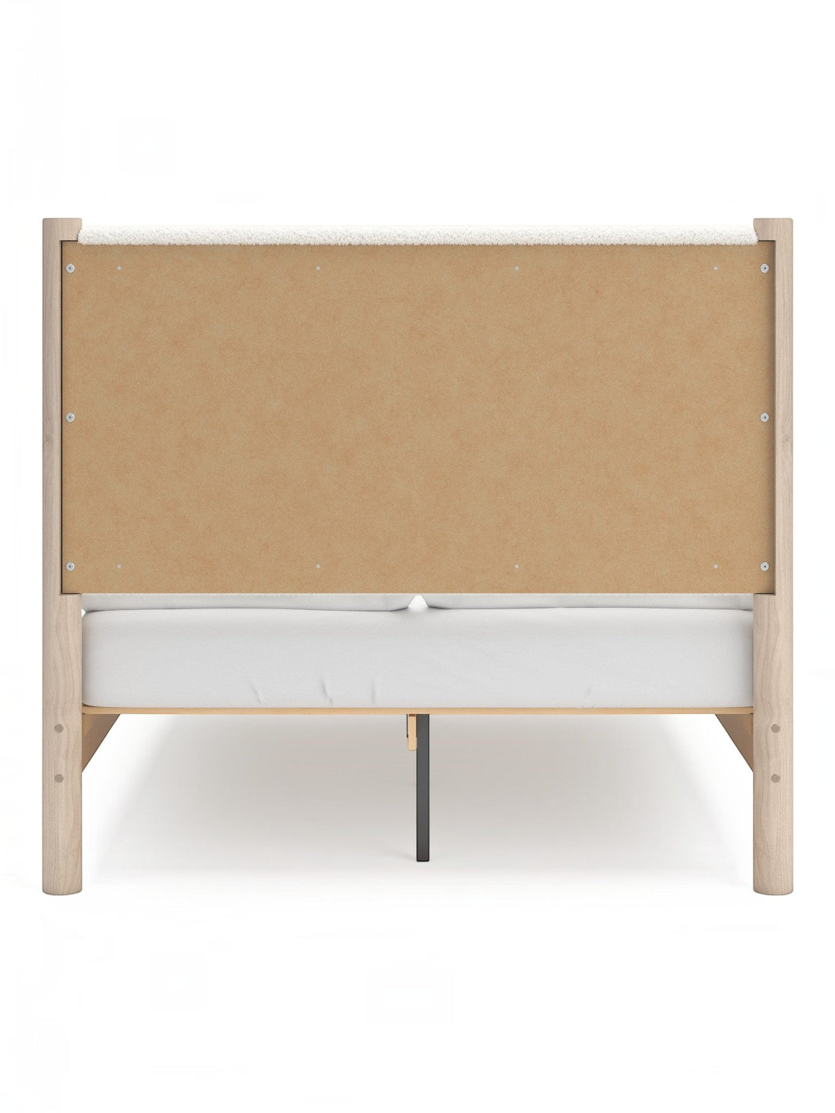 Lit double Margot TOCO Meubles en bois clair avec tête de lit rembourrée blanche texturée et panneau central en bois brut.