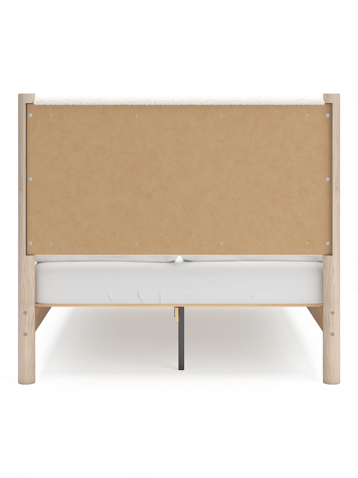 Lit double Margot TOCO Meubles en bois clair avec tête de lit rembourrée blanche texturée et panneau central en bois brut.