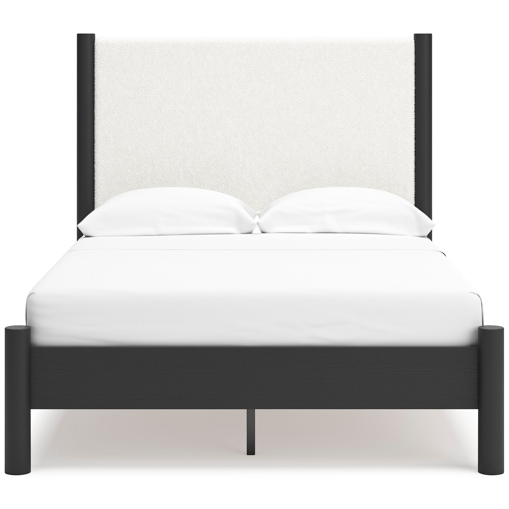 Lit double Margot TOCO Meubles avec tête de lit rembourrée texturée blanc cassé et cadre noir mat.