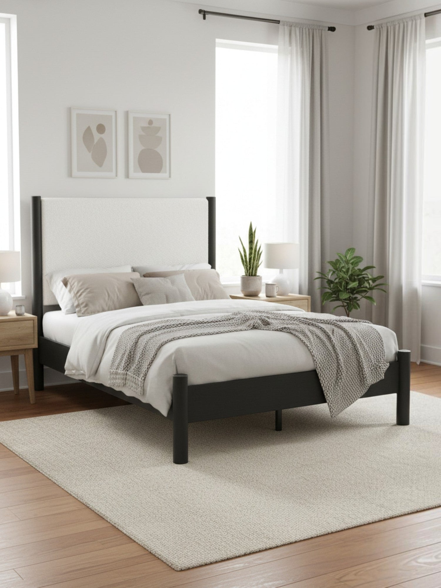 Lit double Margot TOCO Meubles avec tête de lit rembourrée texturée blanche et cadre noir dans une chambre moderne