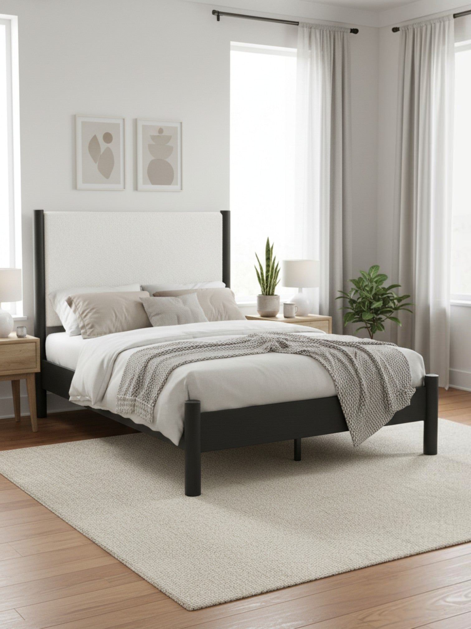 Lit double Margot TOCO Meubles avec tête de lit rembourrée texturée blanche et cadre noir dans une chambre moderne