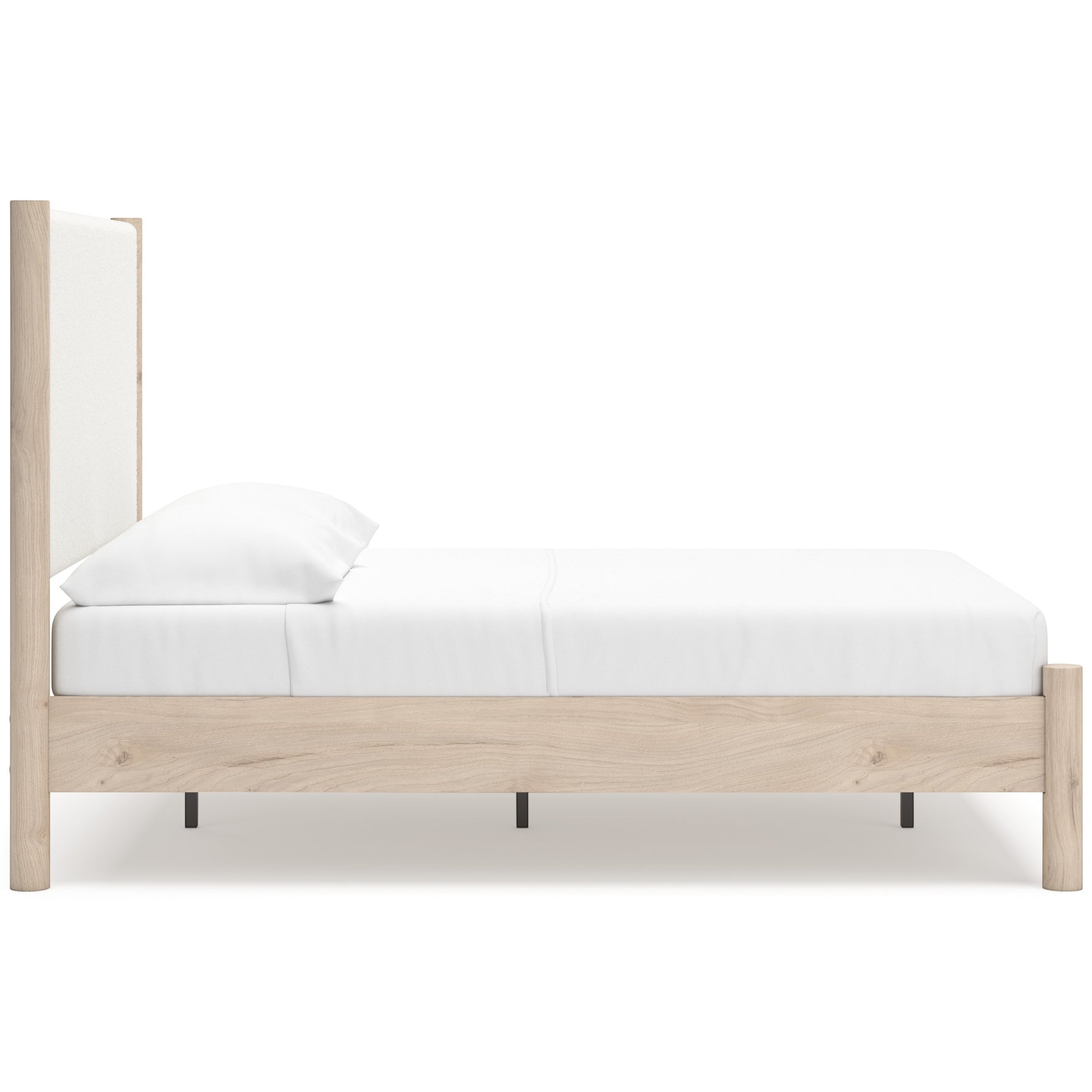 Lit double Margot TOCO Meubles en bois clair avec tête de lit rembourrée blanche, style boho minimaliste.
