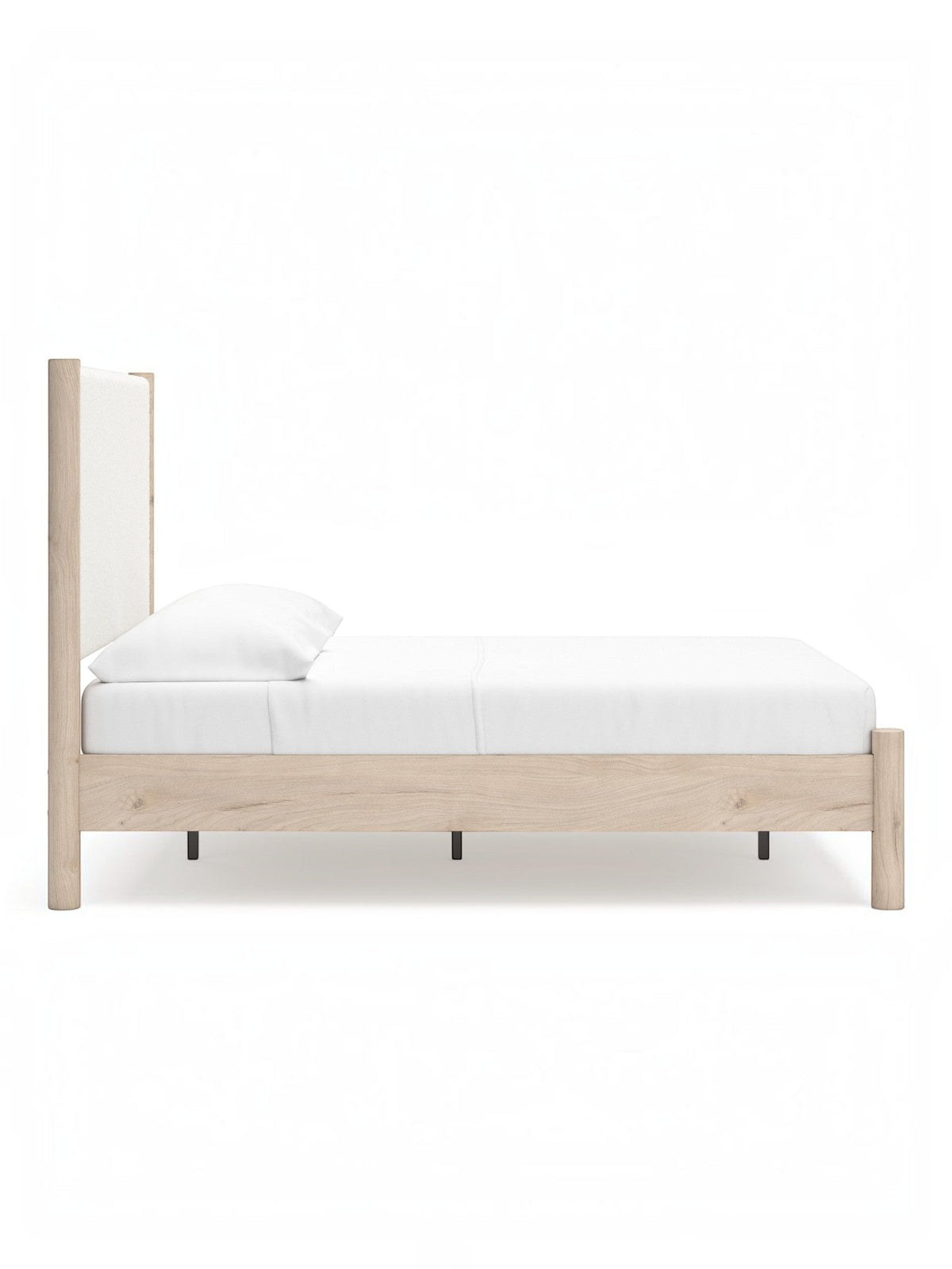 Lit double Margot TOCO Meubles en bois clair avec tête de lit rembourrée blanche, style boho minimaliste.