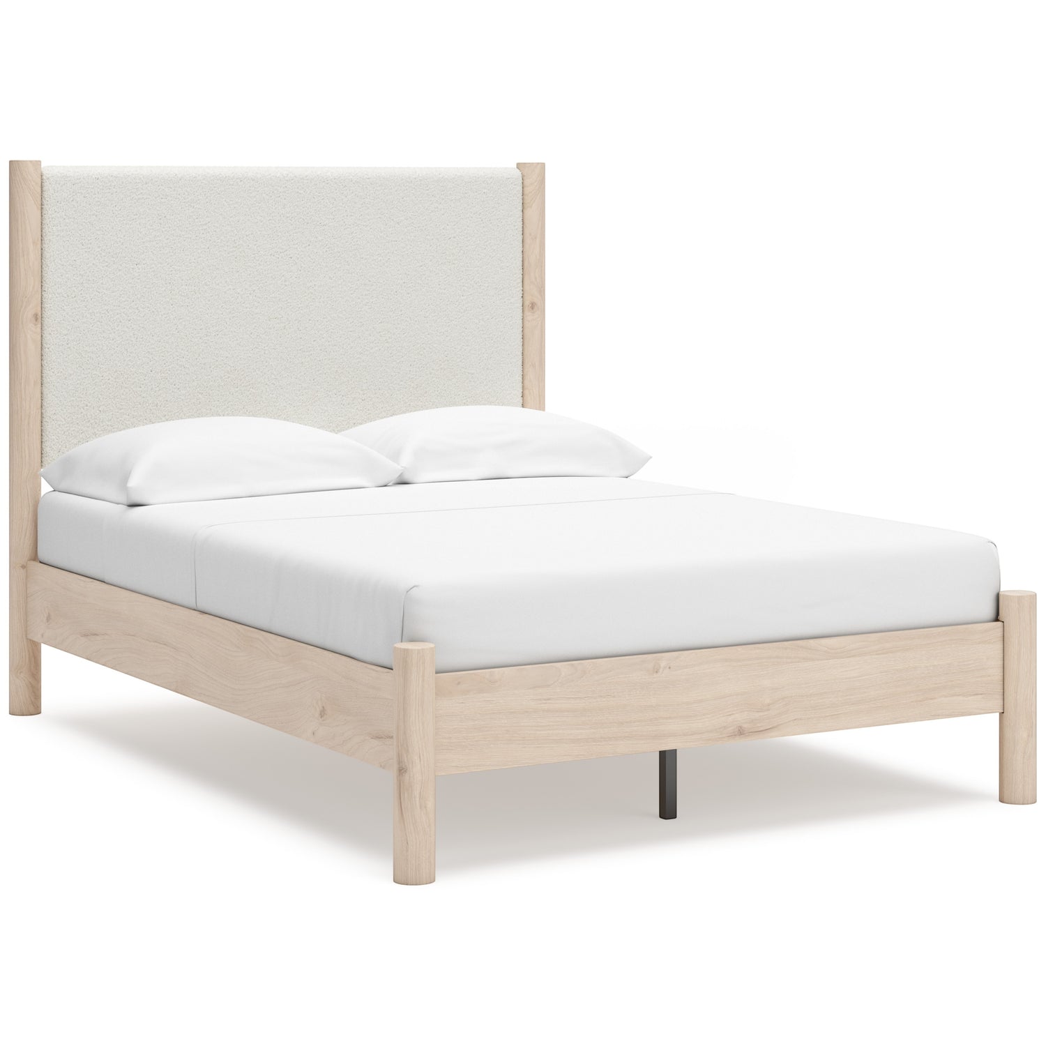 Lit double Margot TOCO Meubles en bois clair avec tête de lit rembourrée texturée blanc cassé. Style boho minimaliste.