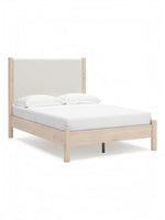 Lit double Margot TOCO Meubles en bois clair avec tête de lit rembourrée texturée blanc cassé. Style boho minimaliste.