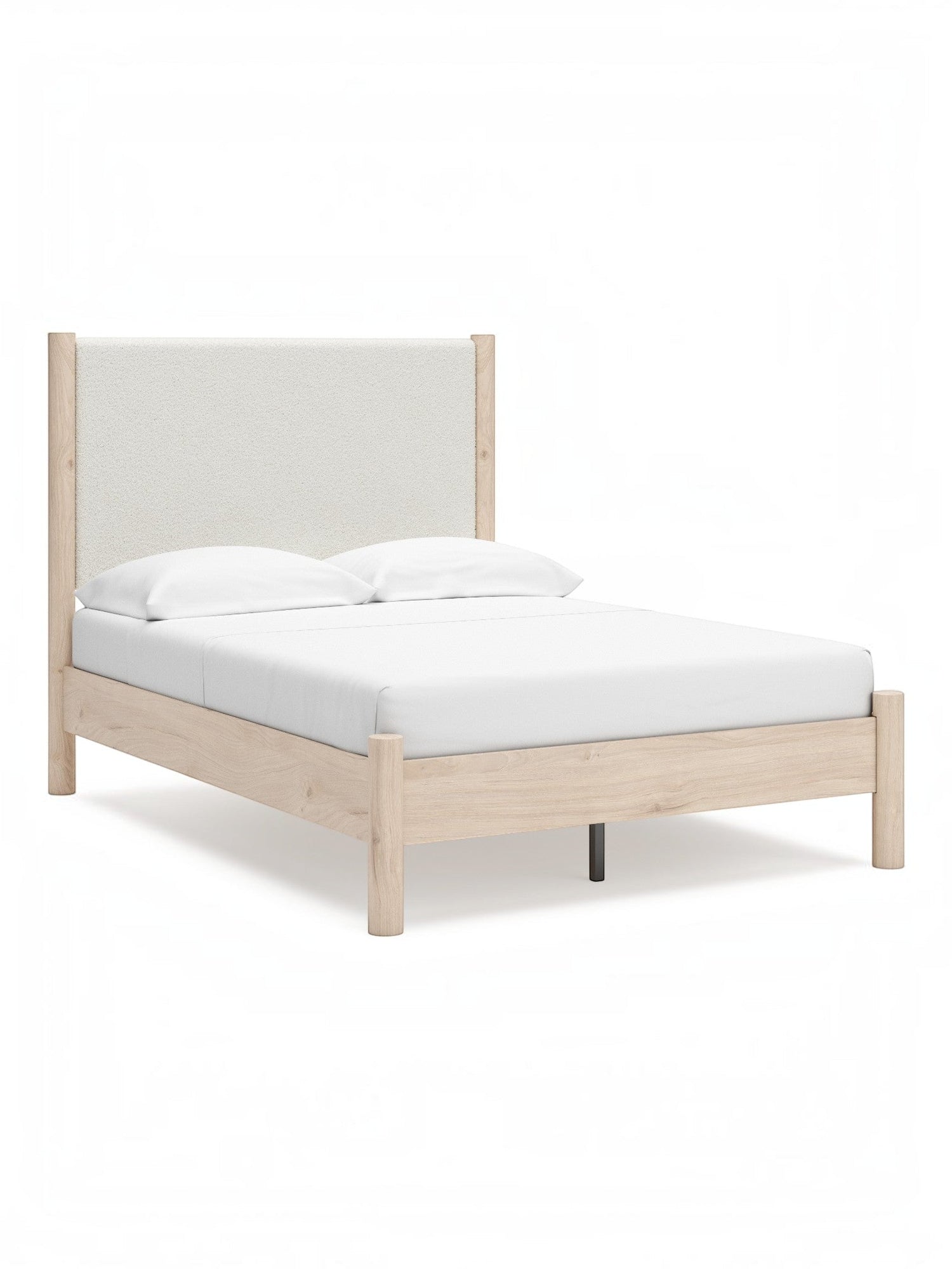 Lit double Margot TOCO Meubles en bois clair avec tête de lit rembourrée texturée blanc cassé. Style boho minimaliste.