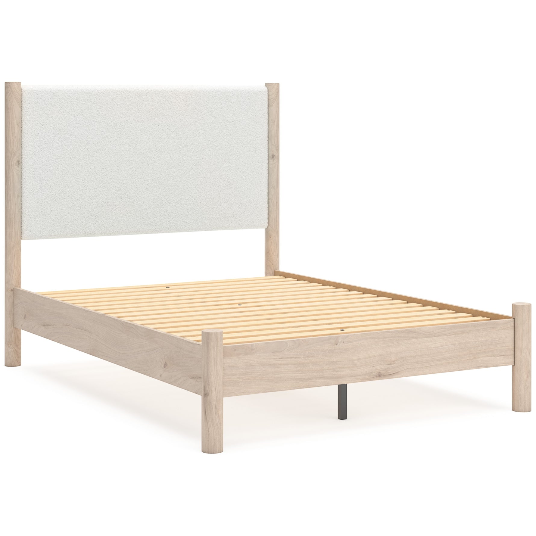 Lit double Margot TOCO Meubles en bois clair avec tête de lit rembourrée blanche texturée, style boho minimaliste.