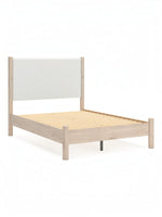 Lit double Margot TOCO Meubles en bois clair avec tête de lit rembourrée blanche texturée, style boho minimaliste.