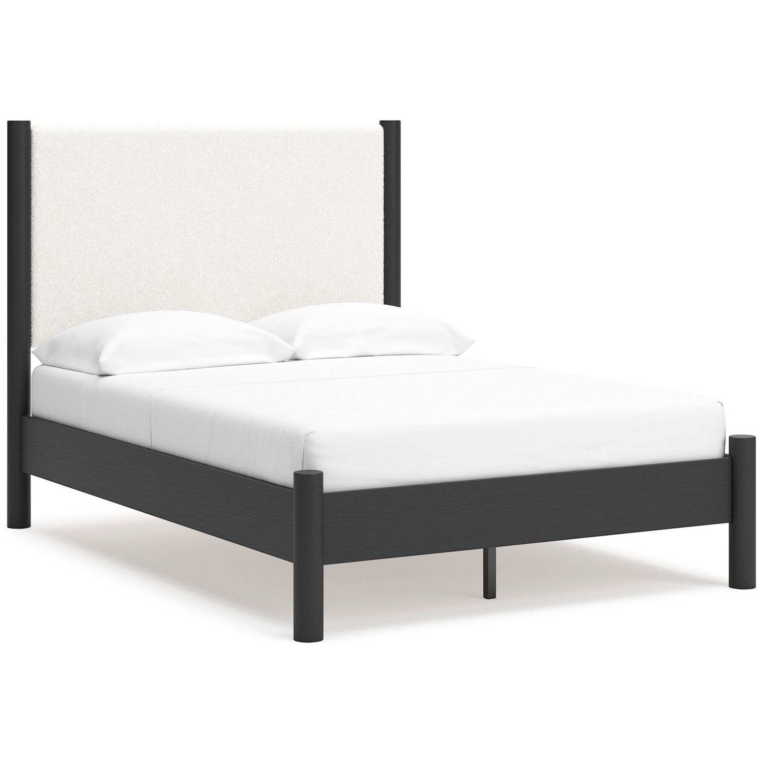 Lit double Margot TOCO Meubles avec tête de lit rembourrée blanche texturée et cadre en bois sombre.