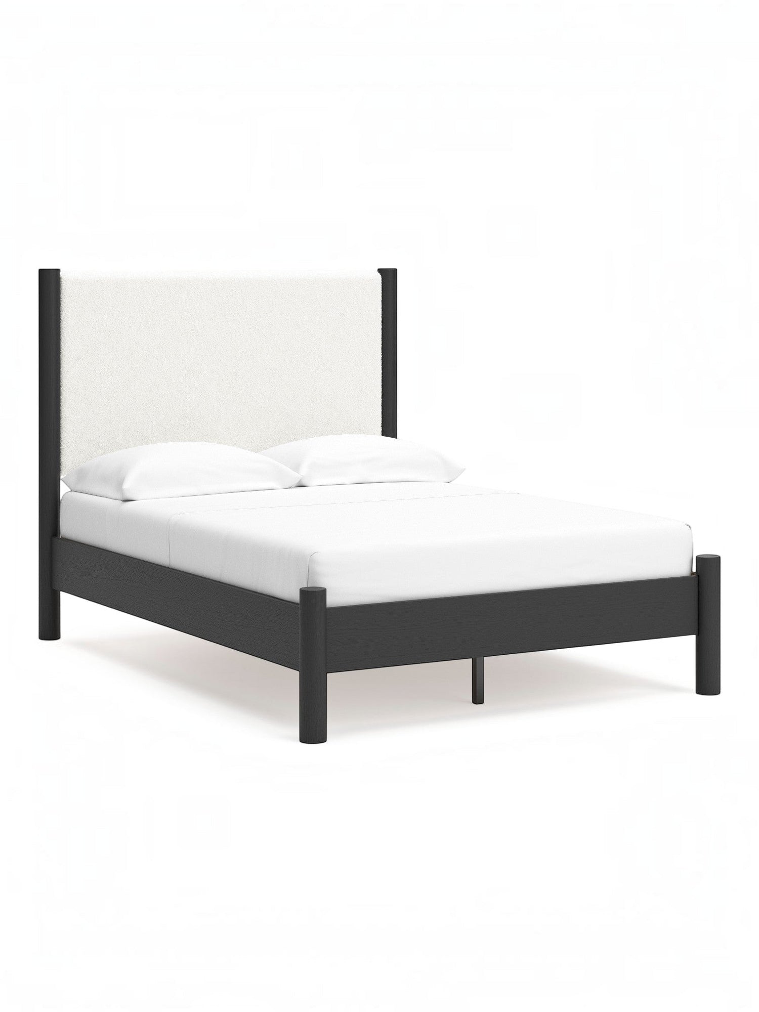 Lit double Margot TOCO Meubles avec tête de lit rembourrée blanche texturée et cadre en bois sombre.