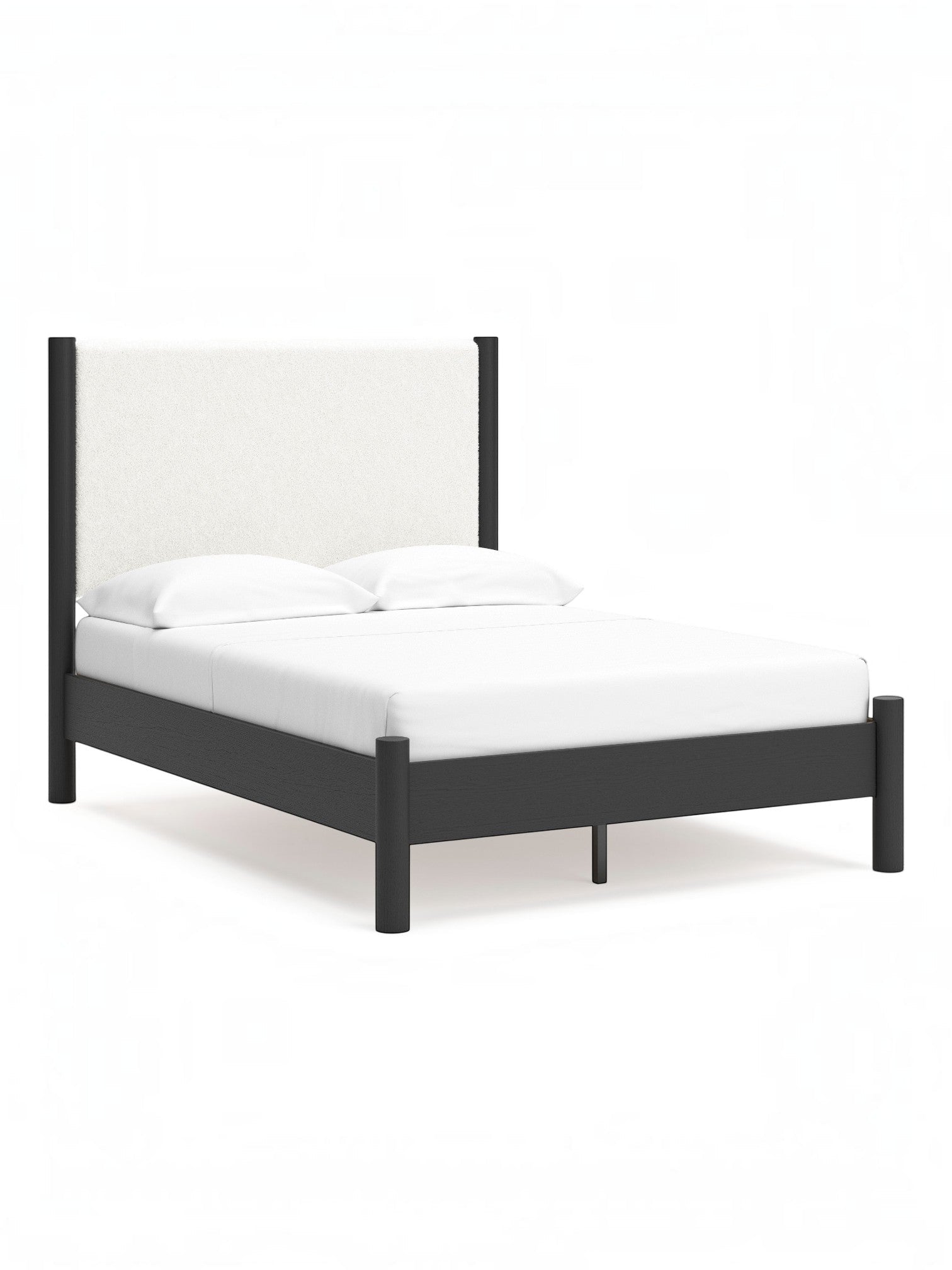 Lit double Margot TOCO Meubles avec tête de lit rembourrée blanche texturée et cadre en bois sombre.