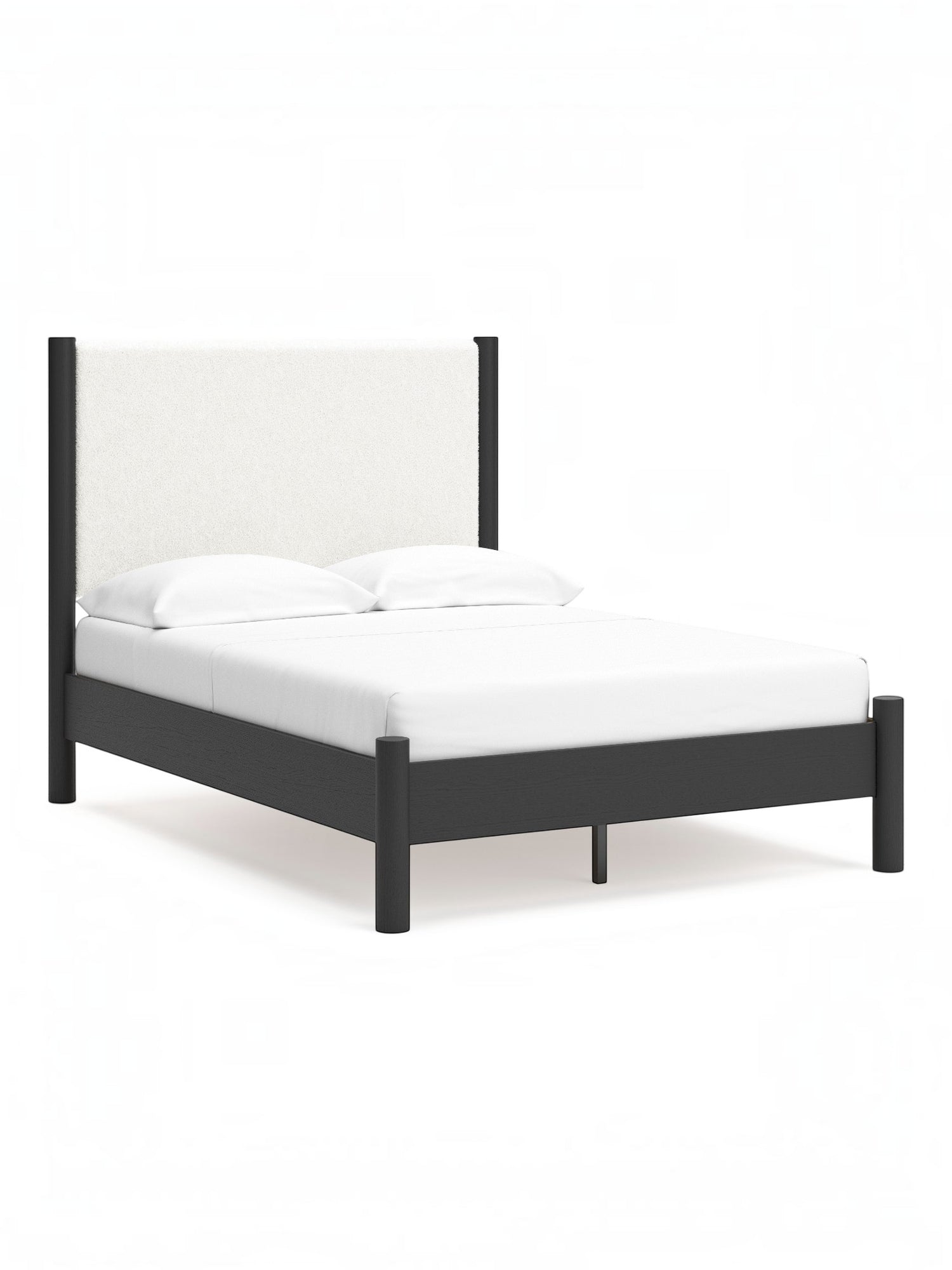 Lit double Margot TOCO Meubles avec tête de lit rembourrée blanche texturée et cadre en bois sombre.
