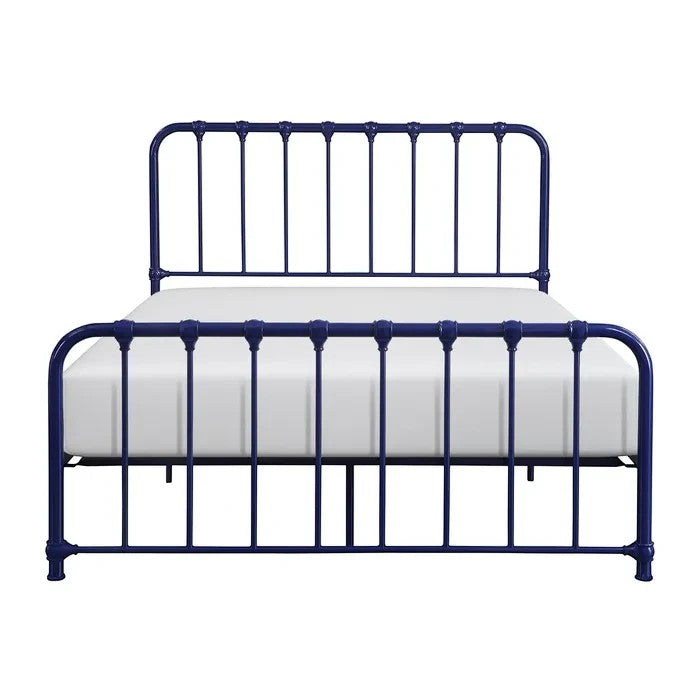 Lit double bleu marine en métal TOCO Meubles, style vintage avec barreaux et pieds arrondis.