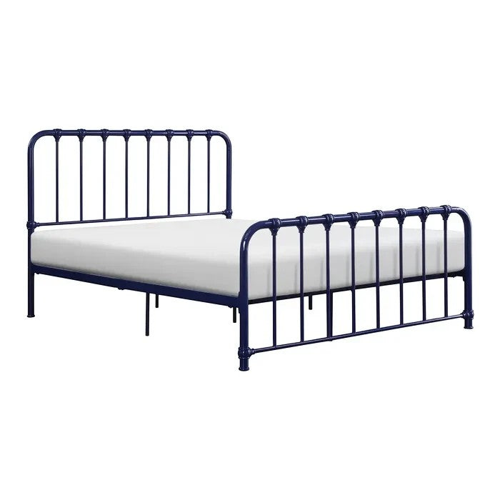 Lit double bleu marine en métal de TOCO Meubles avec barreaux verticaux et tête de lit arrondie, style vintage.