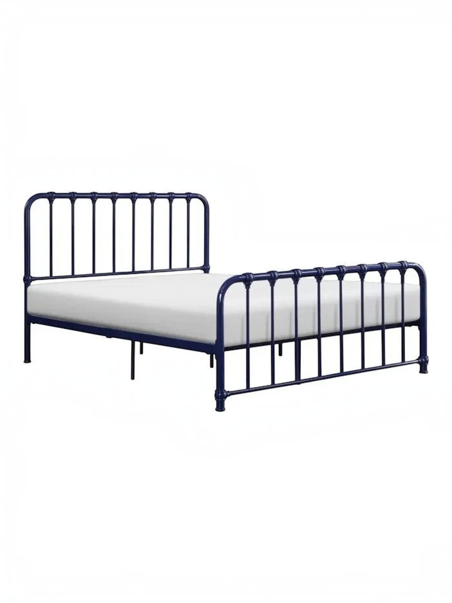 Lit double bleu marine en métal de TOCO Meubles avec barreaux verticaux et tête de lit arrondie, style vintage.