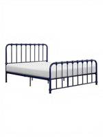 Lit double bleu marine en métal de TOCO Meubles avec barreaux verticaux et tête de lit arrondie, style vintage.