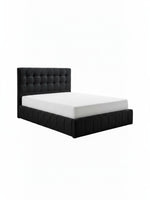 Lit double TOCO Meubles Colette en tissu noir avec tête de lit capitonnée et coffre de rangement hydraulique