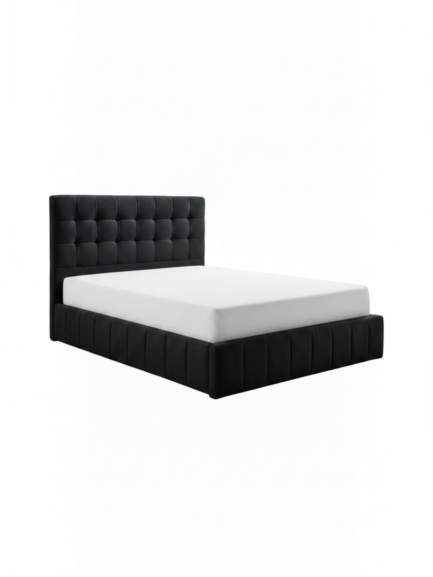 Lit double TOCO Meubles Colette en tissu noir avec tête de lit capitonnée et coffre de rangement hydraulique