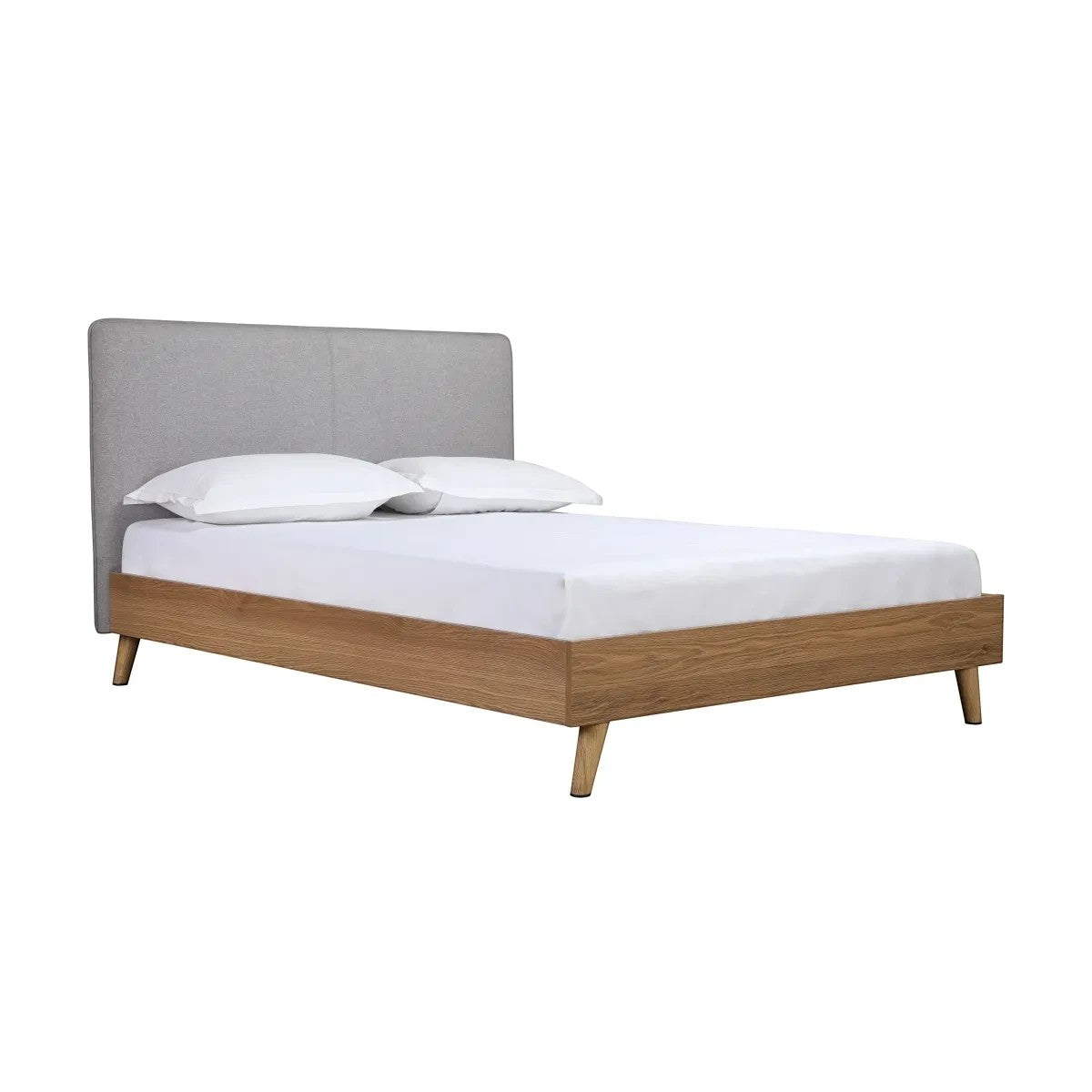 Lit double Nova TOCO Meubles avec tête de lit rembourrée grise et cadre en bois brun, style Mid-Century Modern.